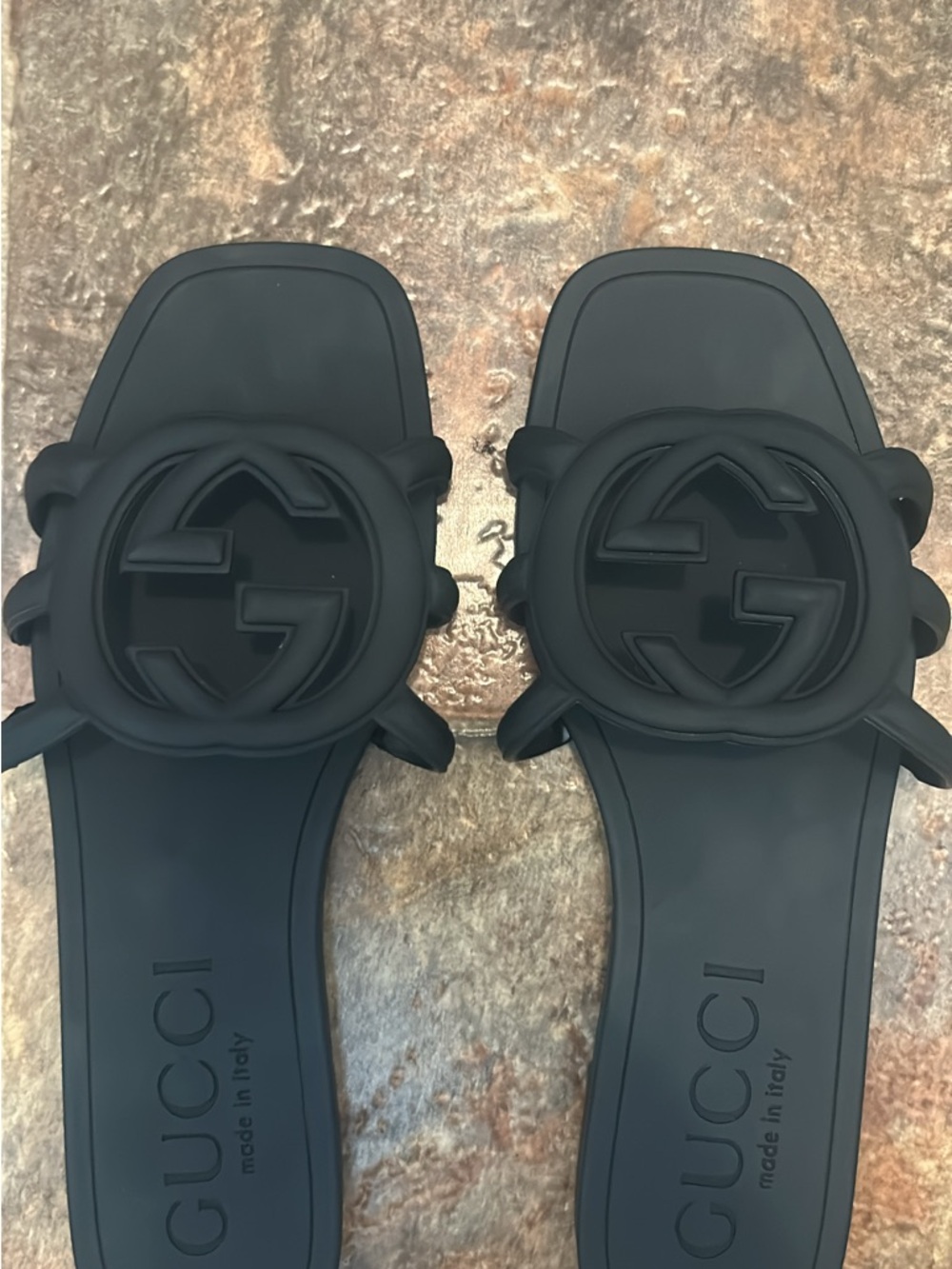 Gucci Black Rubber Logo Slide Sandals with Raised GG Emblem